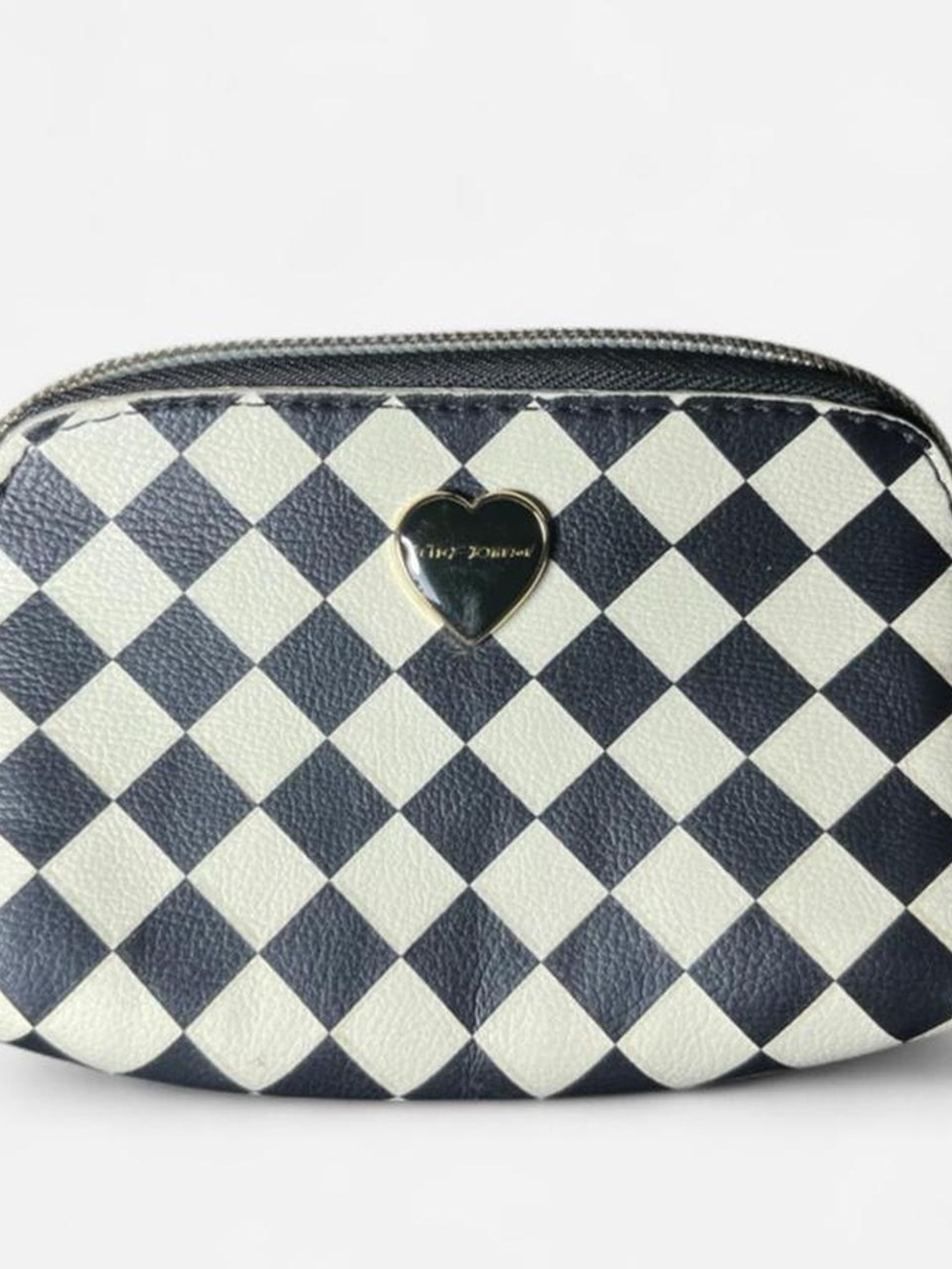 Vintage Betsey Johnson Black & White Checkered Heart Makeup Bag Pouch